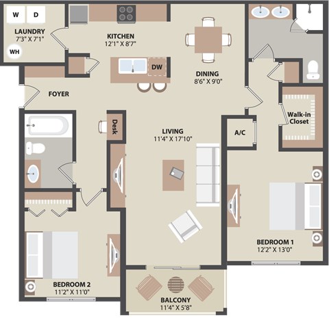 Floor plan for 2 beds, 2 baths, 1191 sqft